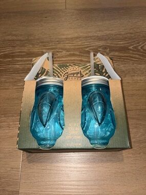 Set of 2 Teal Glass Toucan Sipper Jar With Lid And Straw Drink 14.5oz New